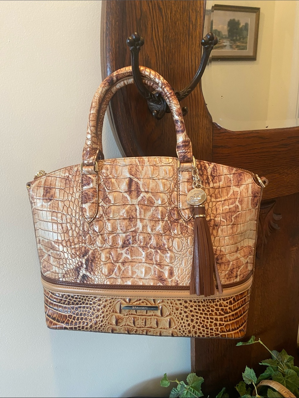 Brahmin Croc-Embossed Leather Tote in Brown and Cream with Tassel